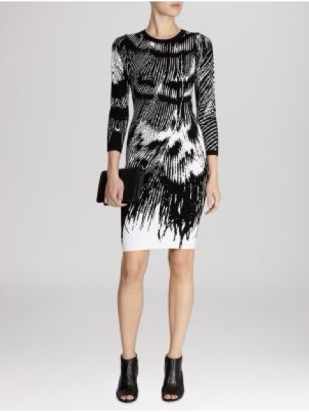 KAREN MILLEN Pencil Knit Black White Geometric Long Sleeve Crew Neck Dress Sz S